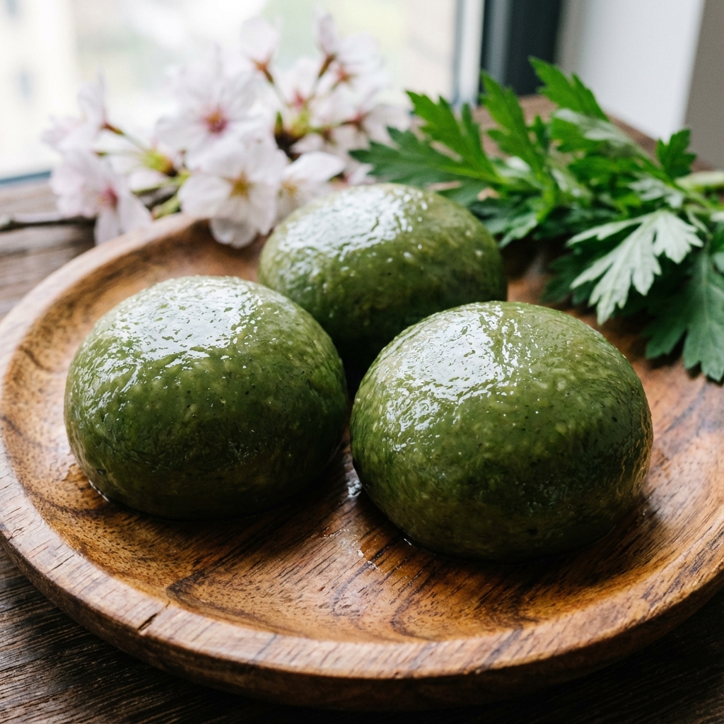 图2：江南青团的成品展示，翠绿的色泽来自艾草或麦苗汁