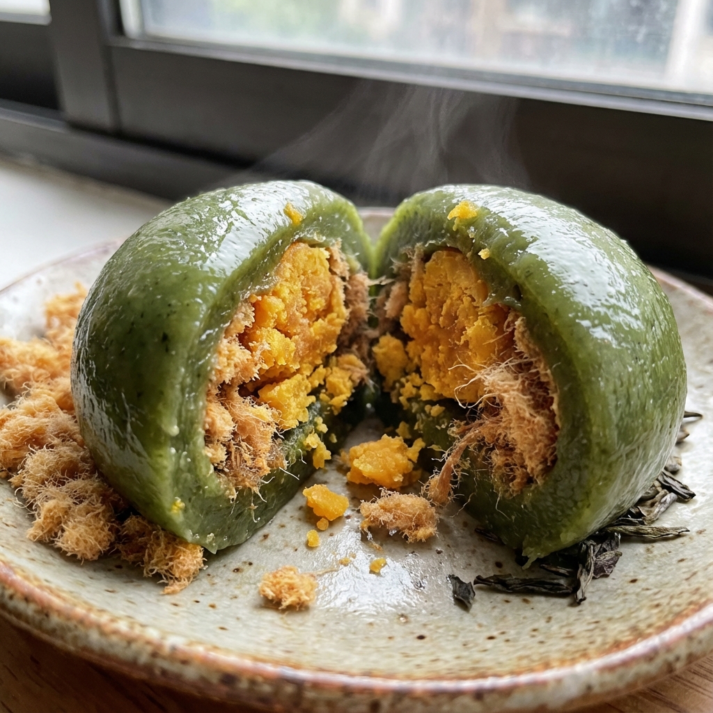 图4：现代改良口味的青团，内馅包裹着肉松与咸蛋黄，切面诱人